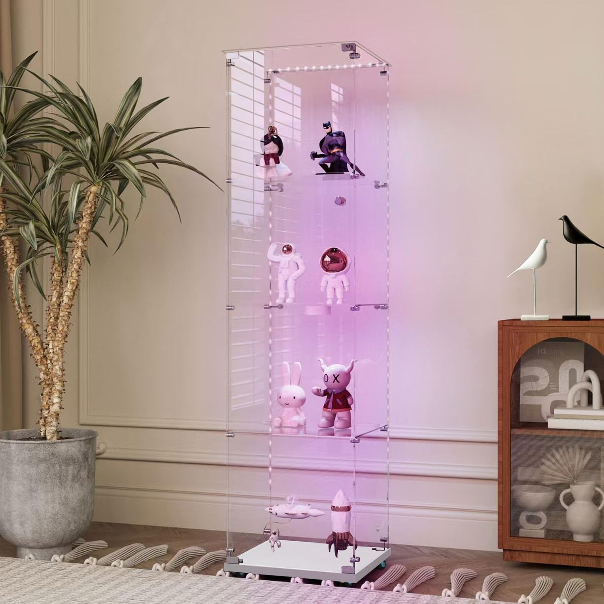 Buzleer Glass Display Cabinet with Lock LED Lighting 4-Tier 1-Door Full Vision Showcase Curio Cabinets Tempered Glass Display Case with Wheels for Living Room Bedroom Office, 65"*15.7"*13.6",White Buzleer