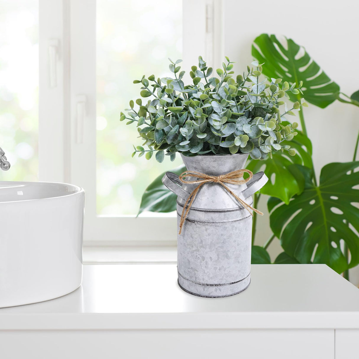 Winlyn Farmhouse Galvanized Metal Milk Can with Artificial Eucalyptus Greenery Arrangement Fake Plants Farmhouse Centerpieces 11.8" Tall for Rustic Country Wedding Home Table Tiered Tray Shelf Décor Winlyn