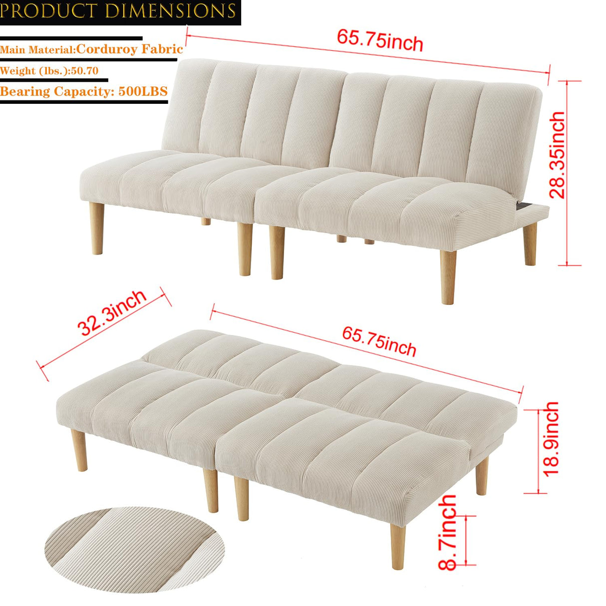 Modern Corduroy Convertible Folding Futon Couch Sofa Bed,with Adjustable Backrest Memory Foam Couch Double Loveseat Sofa for Compact Living Space,Dorm,Game Studio,Apartment,Bedroom (White) Gustonhon