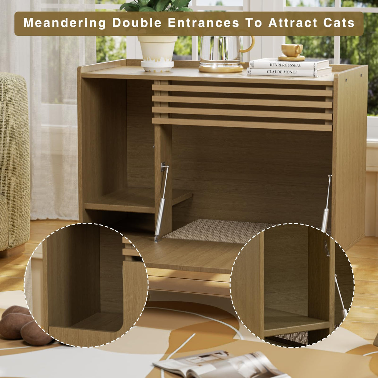 Halitaa Cat Litter Box Enclosure,Mid-Century Modern Hidden Litter Box Furniture with Cat Scratch Pad,Flip-Down Opening Litter Box Cabinet Cat Washroom End Table,Natural Halitaa