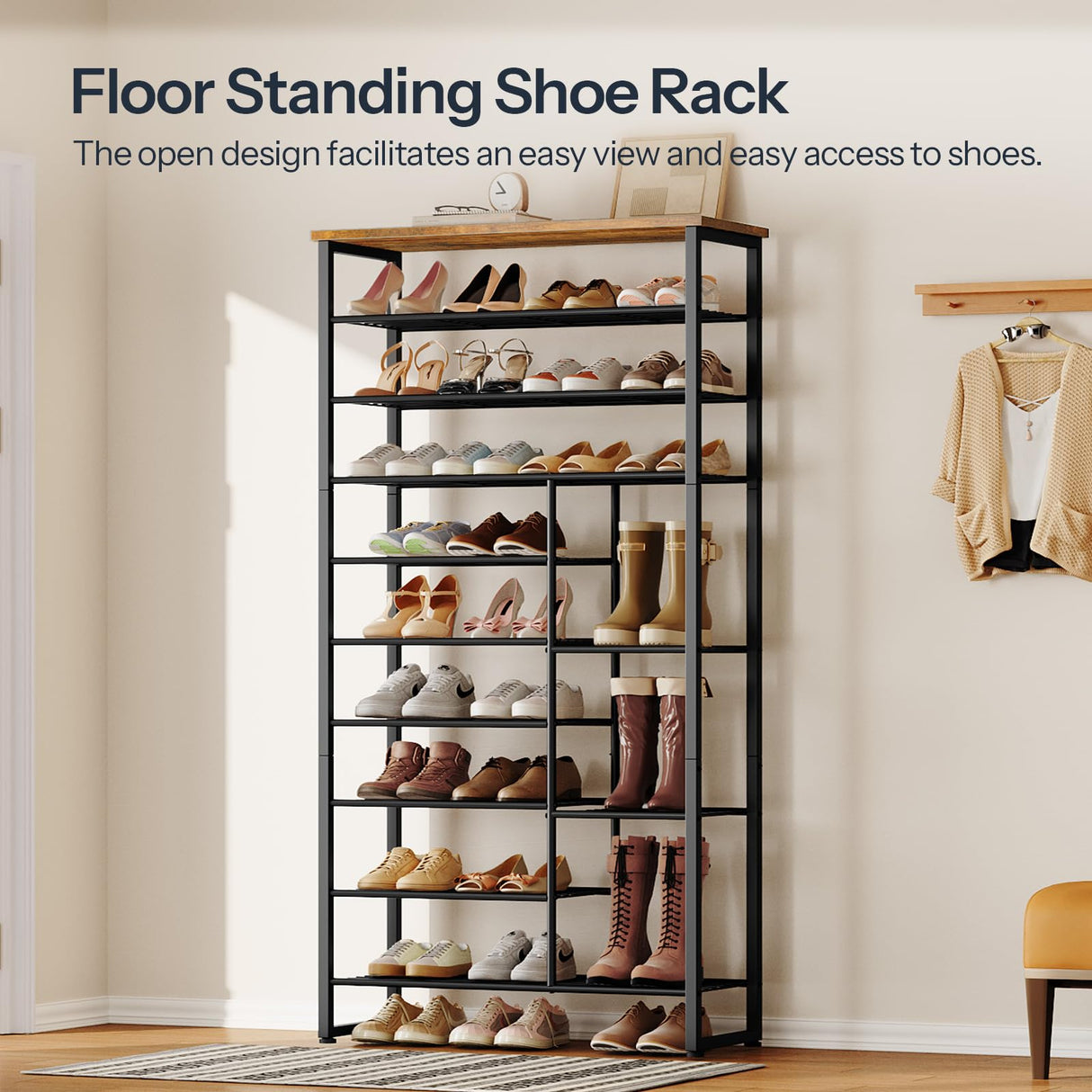 HOOBRO Shoe Rack, 10-Tier Shoe Shelf with Boots Storage, Large-Capacity Shoe Storage Organizer for Entryway, for 27-30 Pairs of Shoes, Hallway, Dorm Room, Rustic Brown and Black BF172XJ01 HOOBRO