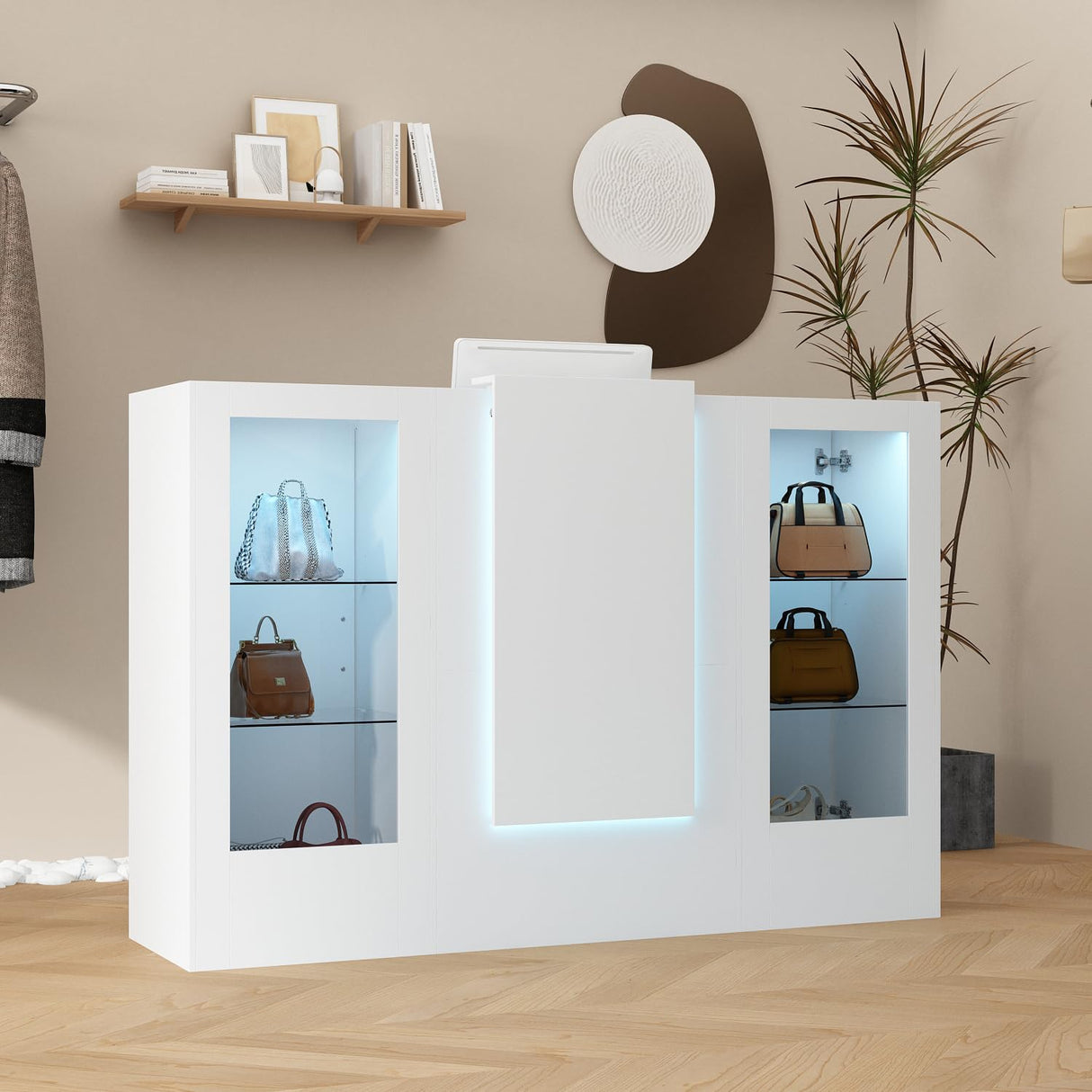 ROMSHINE Reception Desk with Counter, 59.1 inch Front Desk with LED Light & Glass Display Shelf, Reception Room Table with Cable Grommet, Retail Counter Salon Reception for Checkout, White ROMSHINE