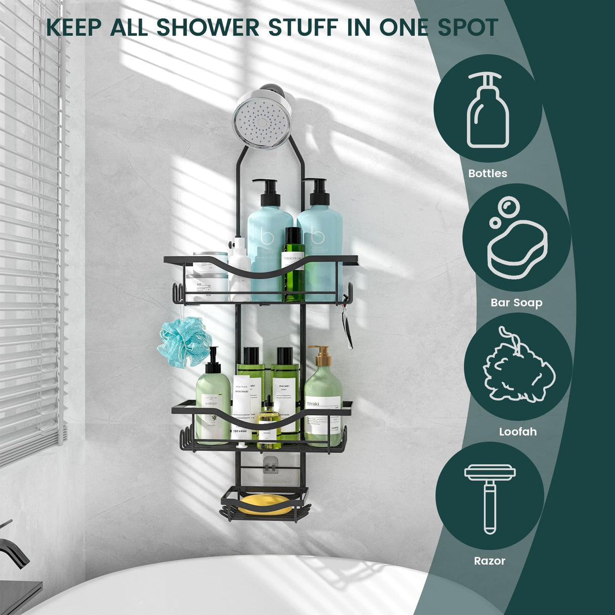 Shower Caddy Hanging Adjustable Shower Caddy, Rustproof Shower Organizer Extended Length Shower Caddy Over Shower Head with Hooks Soap Holder, Large Capacity Anti-Swing Bathroom Organizer, Black REINHARDT