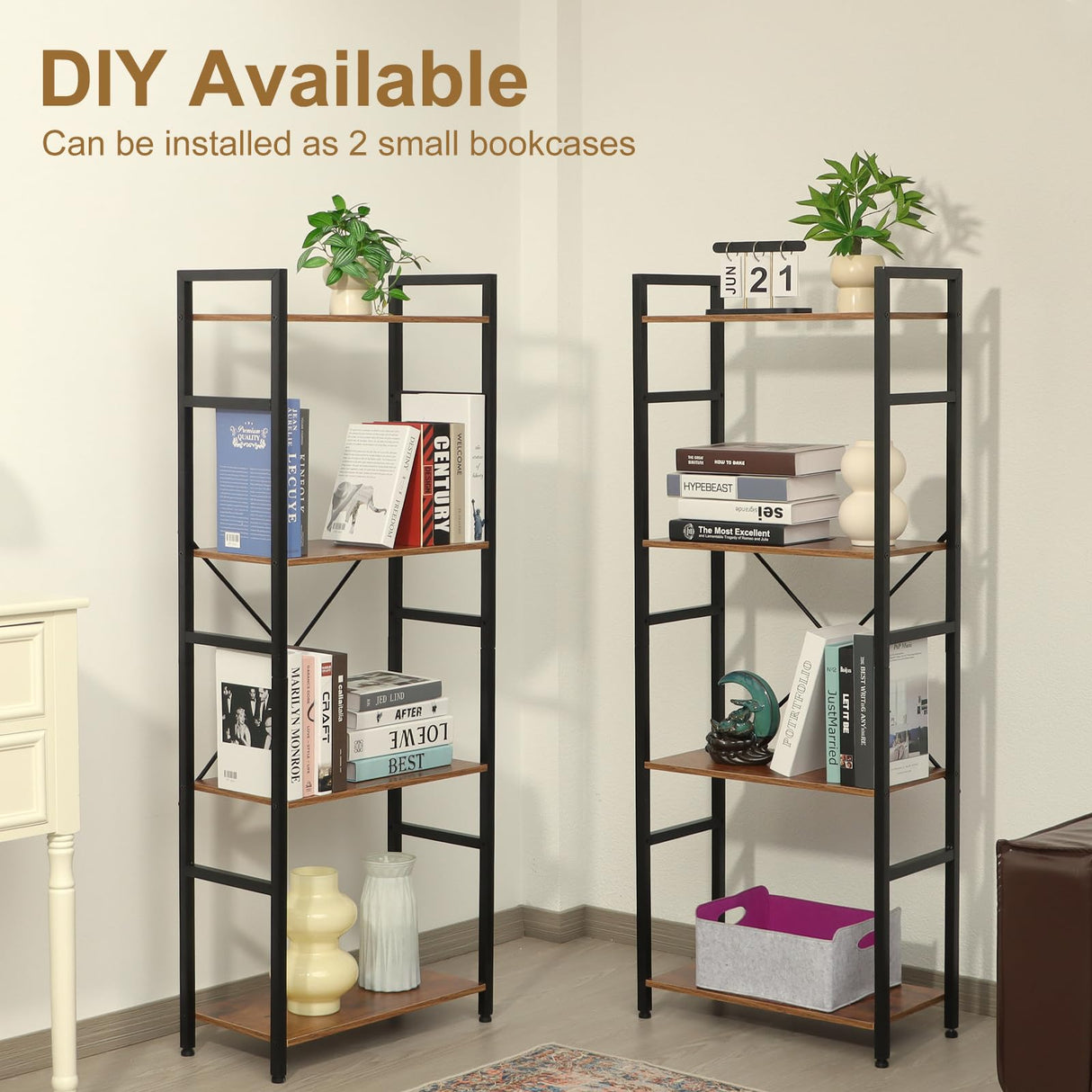 Zhitians Triple 4 Tier Bookshelf, Tall Book Shelf with 11 Open Display Shelves, Adjustable Industrial Bookcase in Living Room, Bedroom, Wide Metal Bookshelf Book Case for Home & Office, Rustic Brown Zhitians