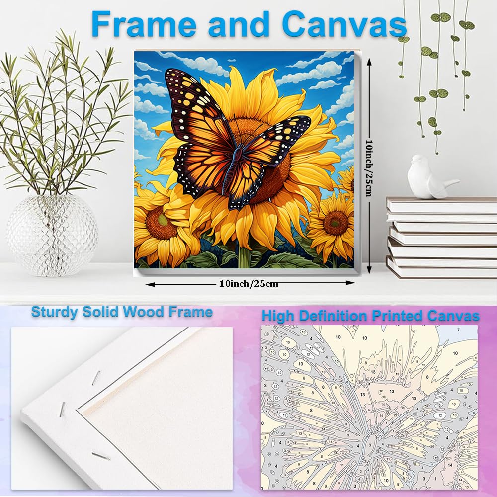 Artunion Framed Paint by Numbers Kit for Adults Beginners & Kids Ages 8-12,Sunflower Butterfly Paint by Number with Frame,Floral Paint by Numbers Kit on Canvas 10 * 10 Inch Without Easel Artunion