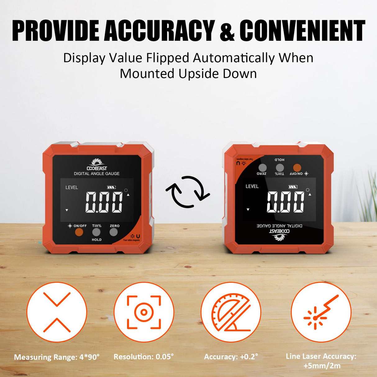 Coobeast Digital Angle Finder Magnetic, Rechargeable Digital Angle Gauge, Mini Protractor Angle Finder Measuring Tool for Woodworking Tablesaw(Laser Level is Class II, Output<5mW), Gift for Men coobeast