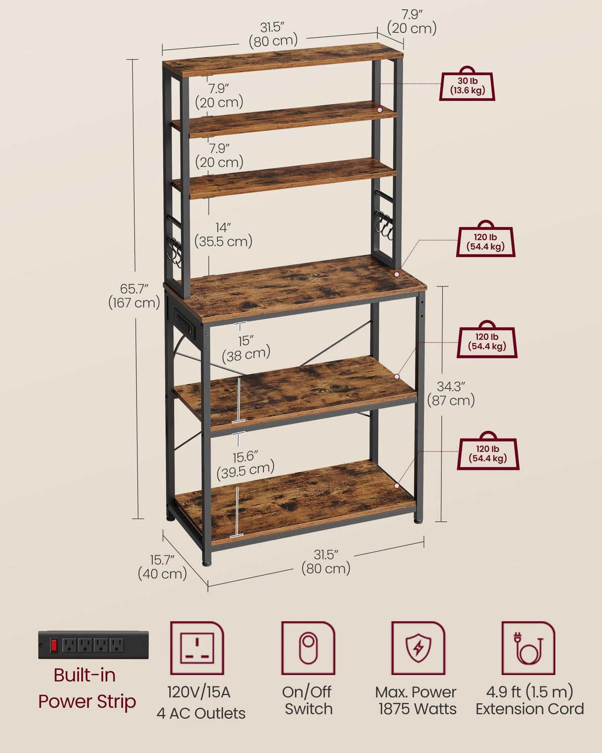 VASAGLE Bakers Rack with Power Outlet, 31.5 Inches Coffee Bar for Kitchen with Storage, 6-Tier Kitchen Shelves with 6 Hooks, Microwave Stand, Rustic Brown and Black UKKS119K01 VASAGLE