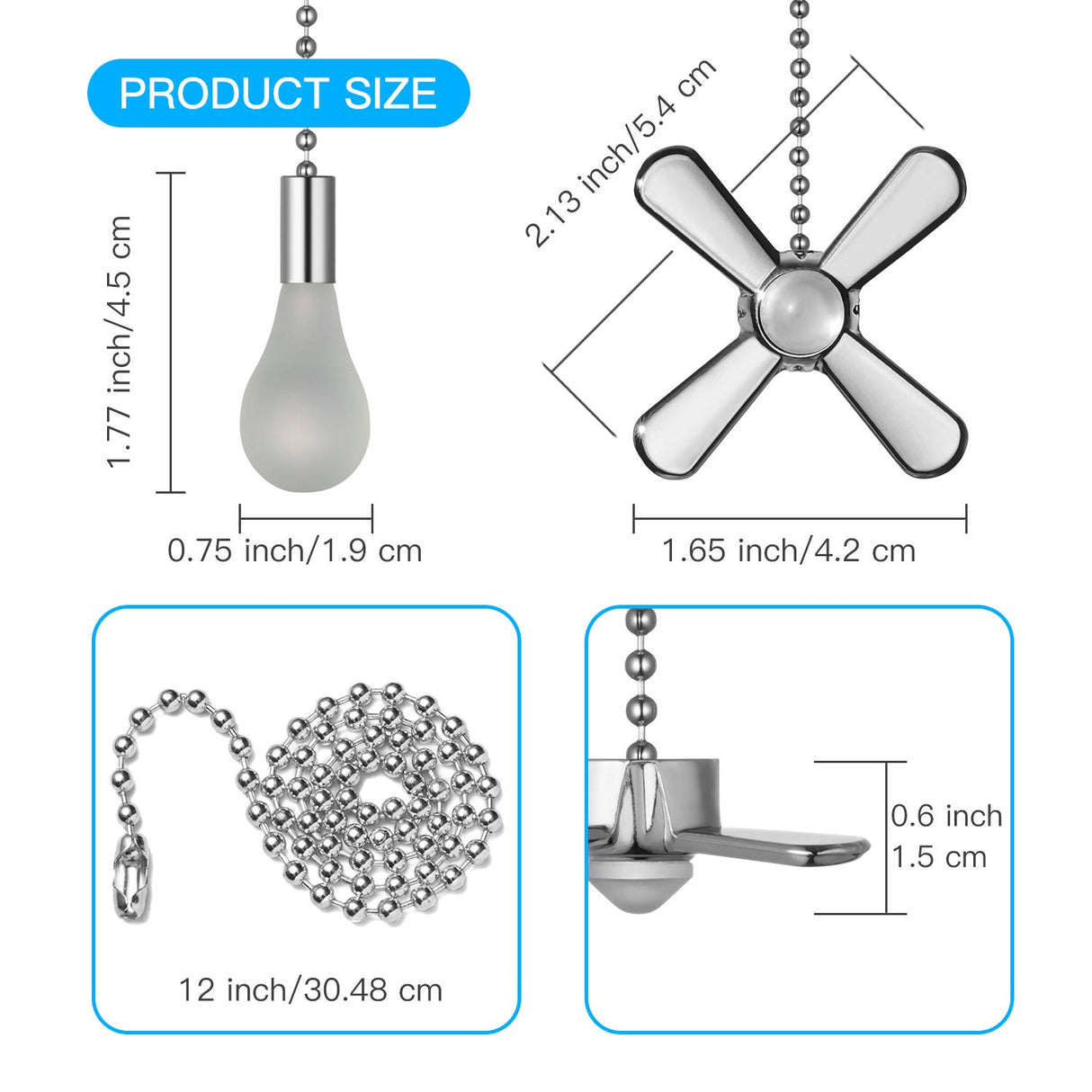 Generic ELFCAB Ceiling Fan Pull Chain Set, Including 4Pcs Beaded Ball Fan Pull Chain Pendant, Extra 8Pcs Pull Loop Connectors, 2Pcs 36 inches Fan Pull Chain Extension. (Nickel), 12inch Mnixy