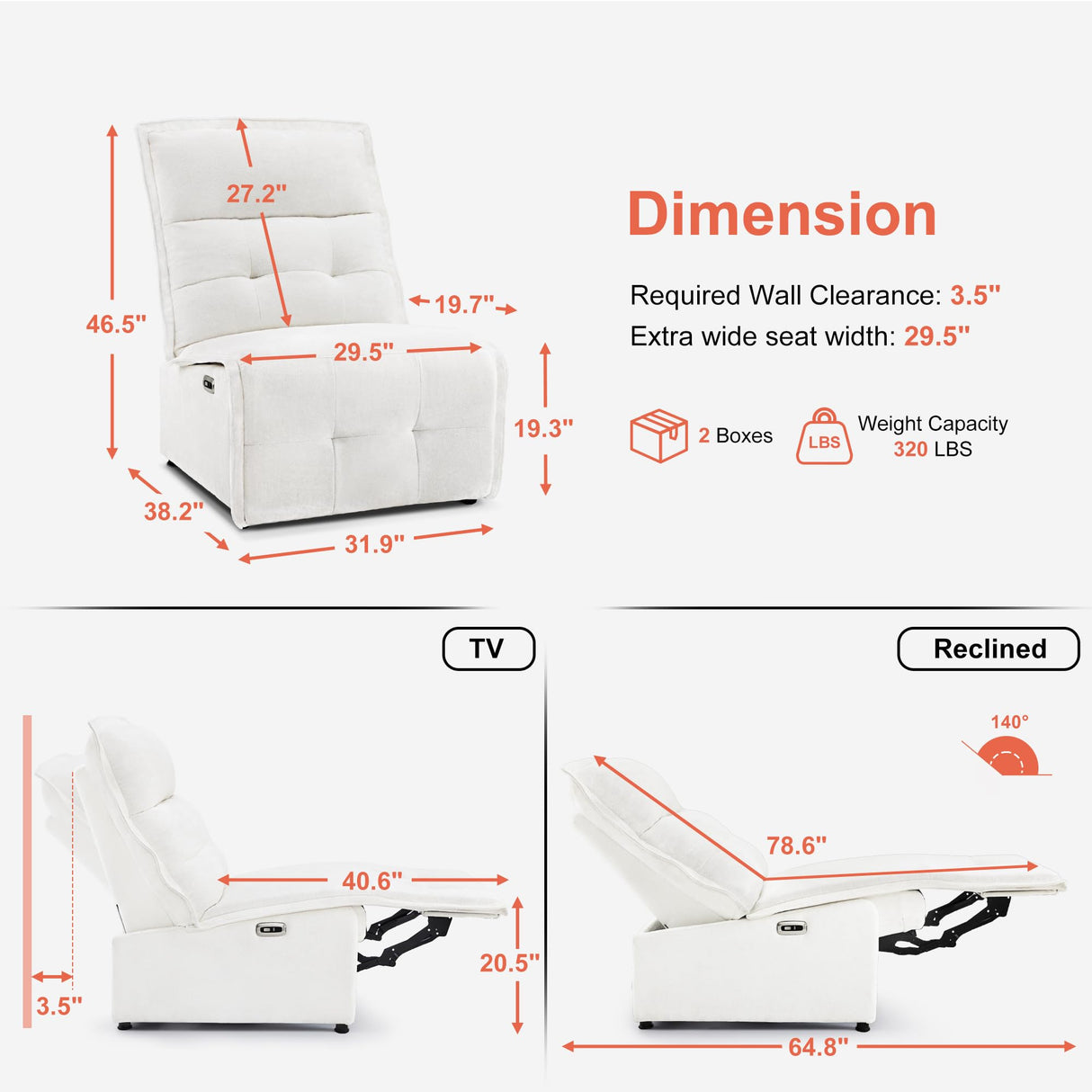 MCombo Wall Hugger Armless Power Recliner Chair with USB Ports, 29.5" Extra Wide Seat, Oversized Fabric Powered Reclining Sofa for Living Room, Small Space, ALR01 (Cream White) MCombo