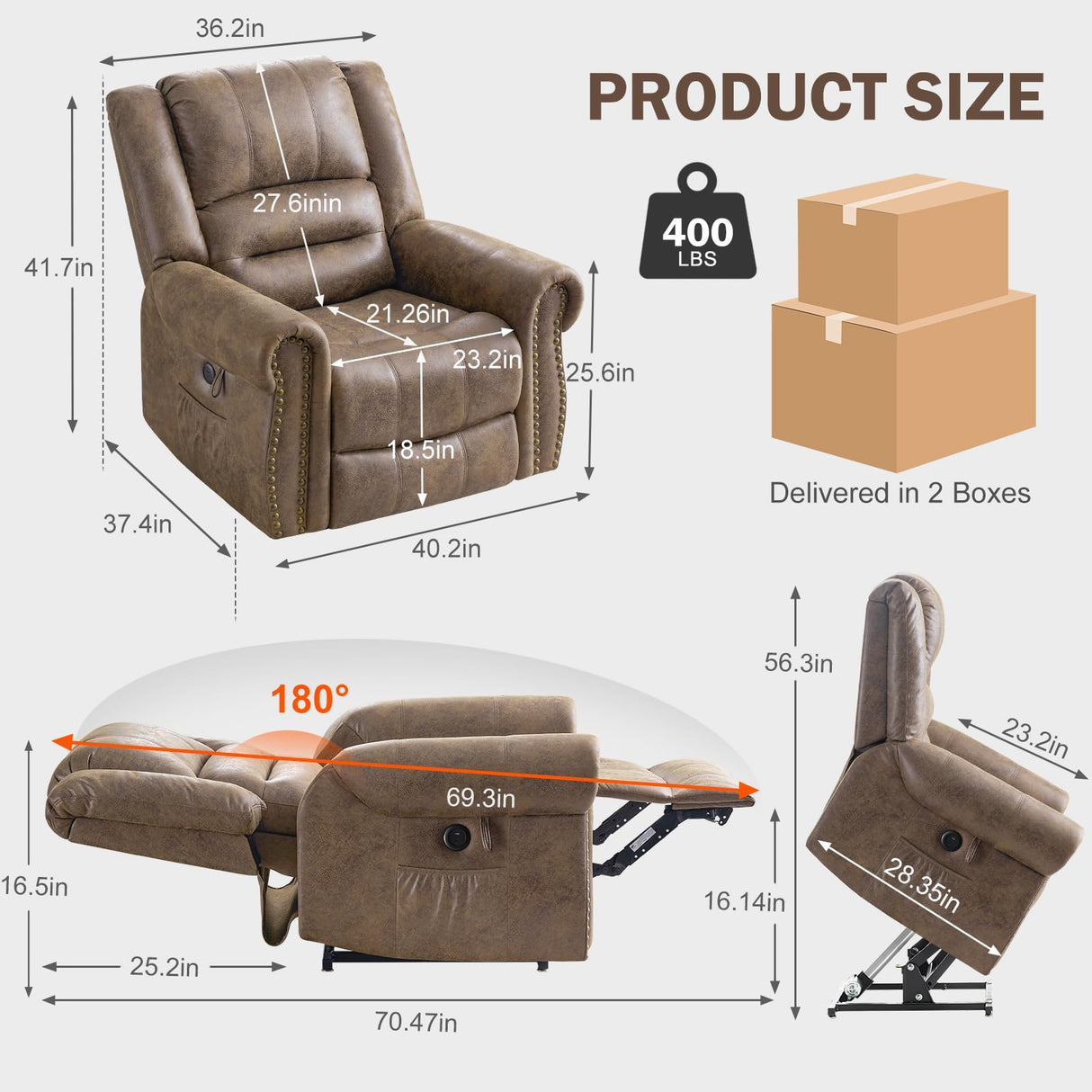 CDCASA Dual Motor Lay Flat Lift Chairs Recliners for Elderly w/Massage and Heat, Breathable Leather Infinite Position Large Sleeping Electric Power Lift Chair Recliner for Seniors, Matte Brown CDCASA