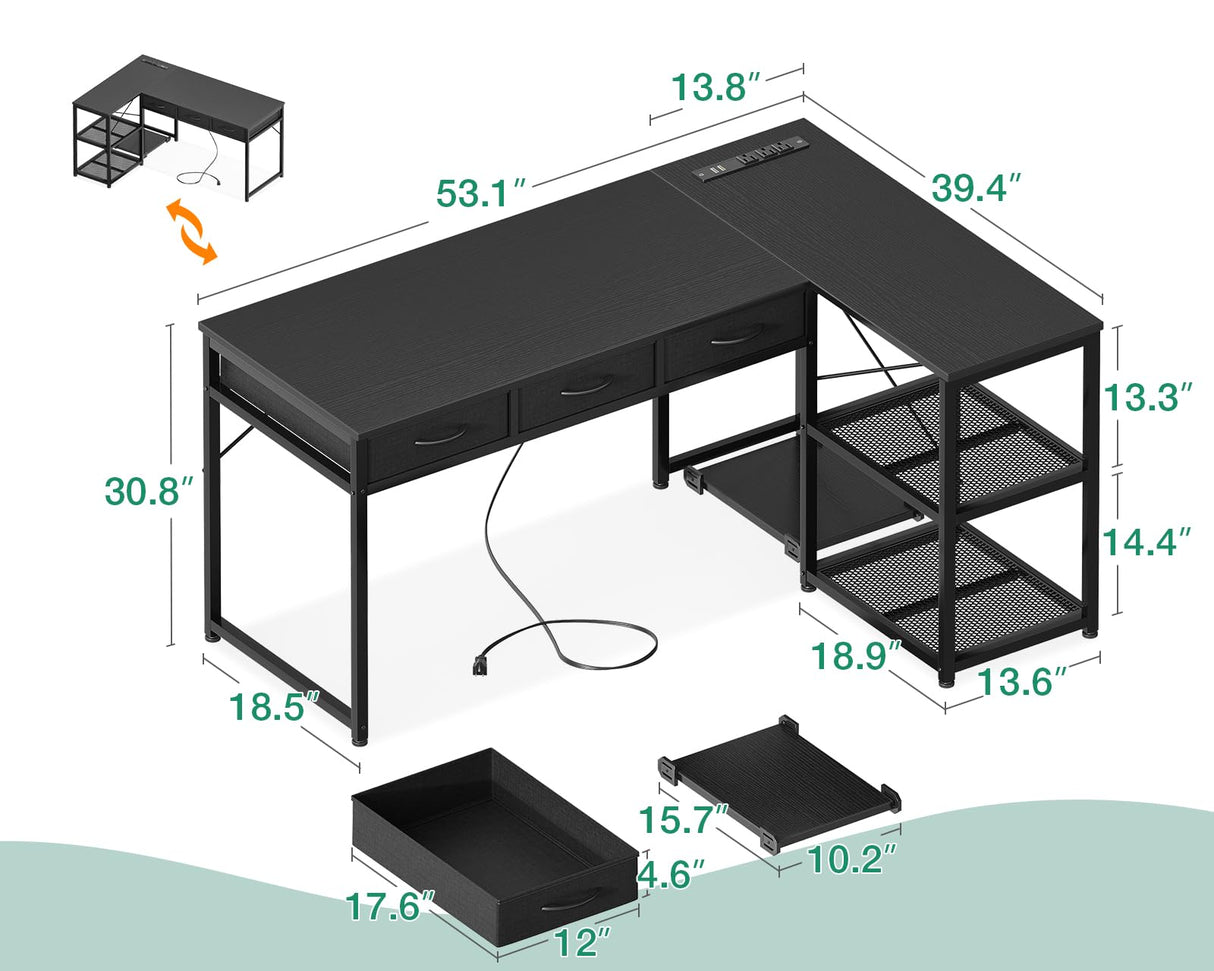 AODK 53 Inch Black L Shaped Computer Desk with Drawers & Power Outlets AODK