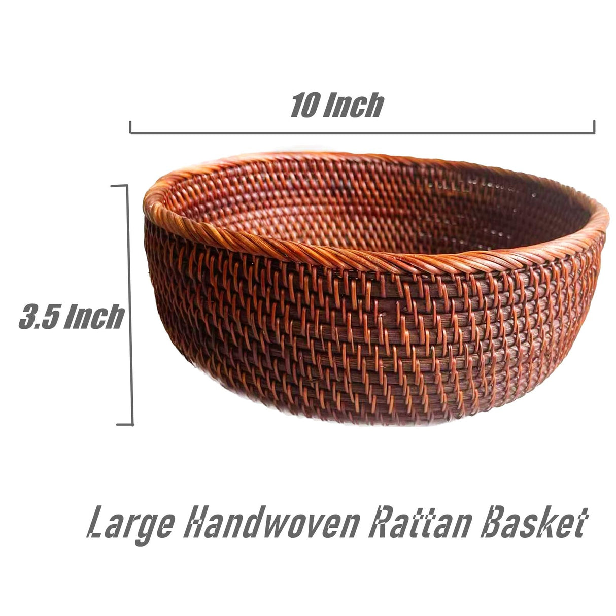 AMOLOLO 10 Inch Round Rattan Bowl Basket, Handmade Wicker Basket Tray with Scalloped Edge and 4”Deep Wall, Decorative Woven Dark Brown Bread Basket Fruit Bowl Key Holder Table Centerpiece, L amololo