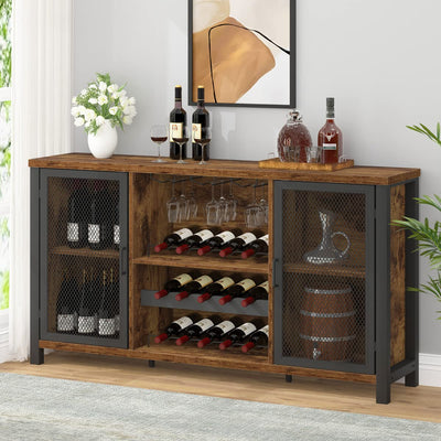 IBF Rustic Wine Bar Cabinet, Coffee Bar Cabinet for Liquor and Glasses, Farmhouse Wood Buffet Sideboard with Storage Rack, Wine Liquor Cabinet for Home Kitchen Dining Room, Rustic Brown, 55 Inch