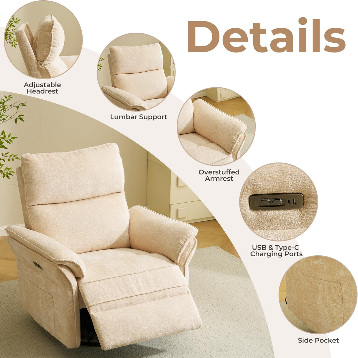 Oversized Power Recliner Chairs for Adults with Massage and Heat, Power Swivel Rocker Recliner Chair with Adjustable Headrest, 26" Extra Wide Rocker Nursery Recliner with USB Port, Beige RUTOX