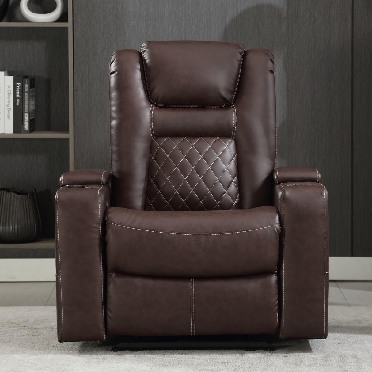 CANMOV Electric Power Recliner Chair with USB Ports and Cup Holders, Breathable Leather Home Theater Seating with Hidden Arm Storage (Red Brown) CANMOV