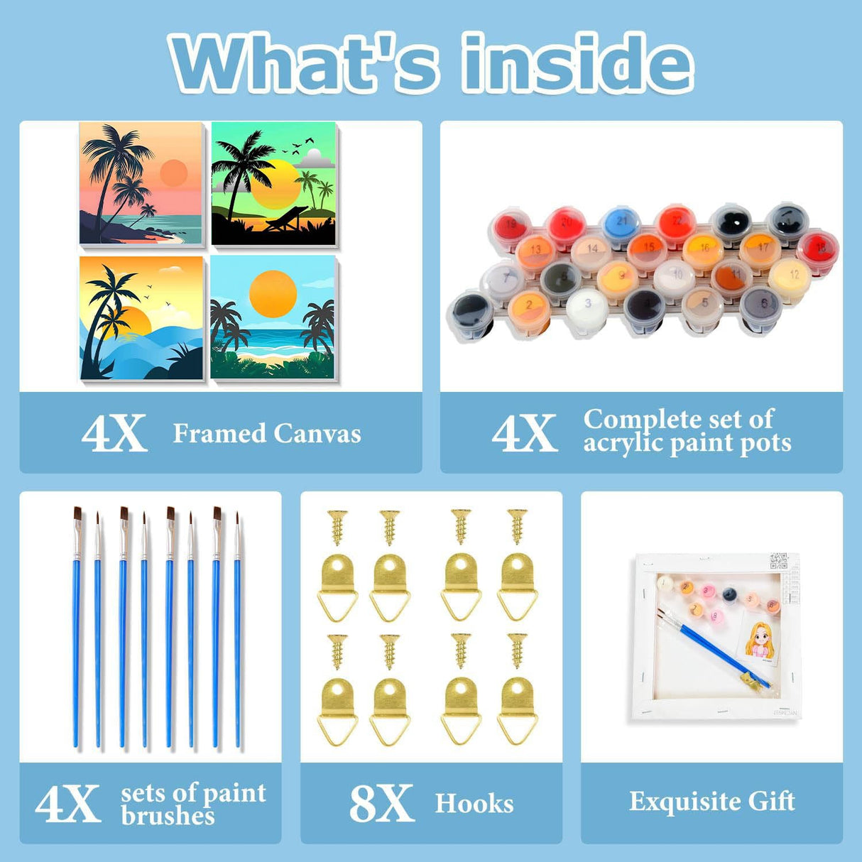 FOXKISS 4 Pack Framed DIY Paint by Numbers Kit for Adults Beginner,Sunset Oil Painting Easy Paint by Number with Canvas, Acrylic Paint Kit Arts and Crafts for Adults for Decor 8x8inch FOXKISS