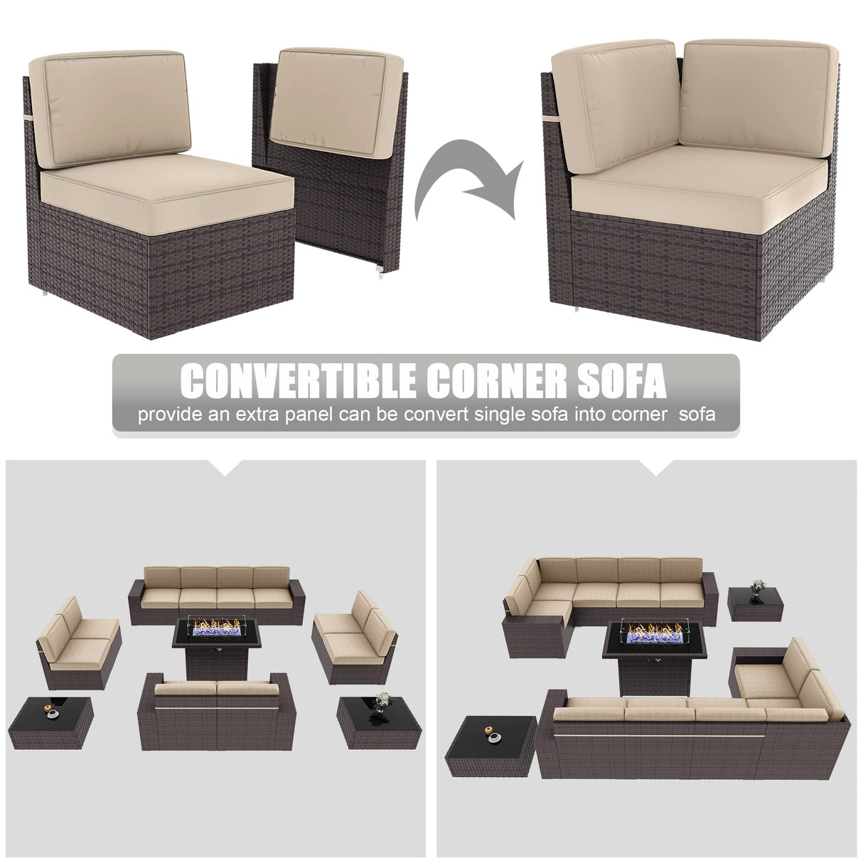 LayinSun 13 Pieces Outdoor Patio Furniture Set with 44" Fire Pit Table Brown Rattan Sectional Sofa Conversation Sets LayinSun