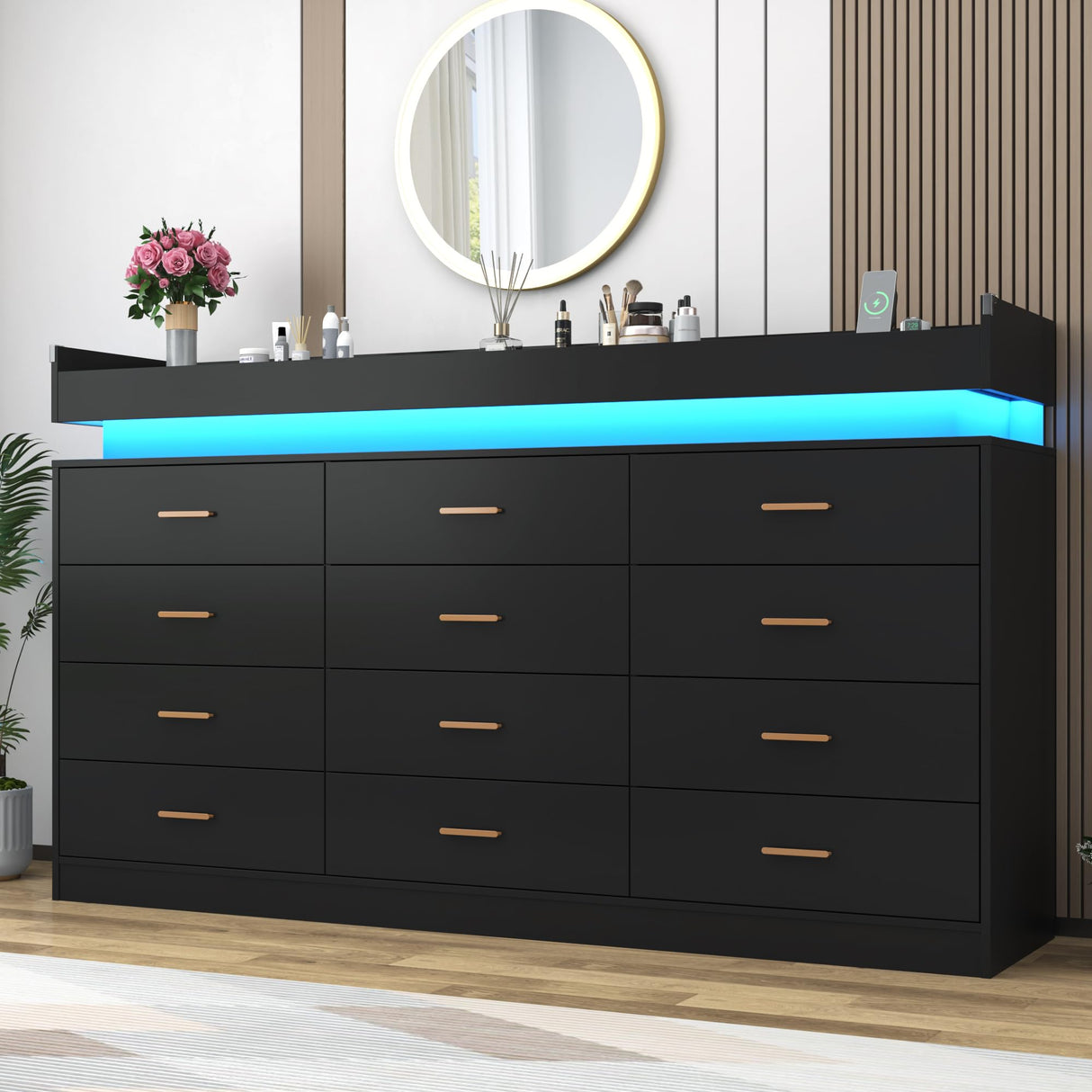 12 Drawer Dresser with LED Light and Charging Station, 70" Modern Chest of Drawers for Closet, Wide Drawer Organizer Cabinet for Bedroom, Living Room, Entryway, Hallway, Black Hlivelood