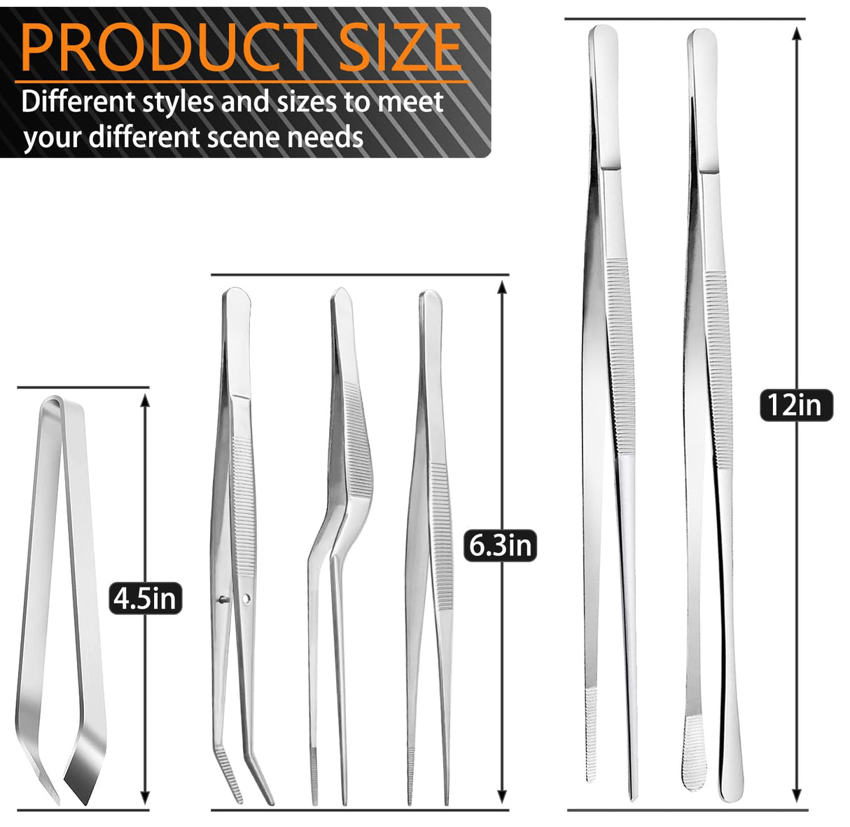 JETKONG 6 Pcs Cooking Tweezer Tongs, 12'' and 6.3" Stainless Steel Kitchen Tweezer Set, Professional Chef Tweezers for Cooking, Repairing, Sea Food, BBQ, Multi-use JETKONG