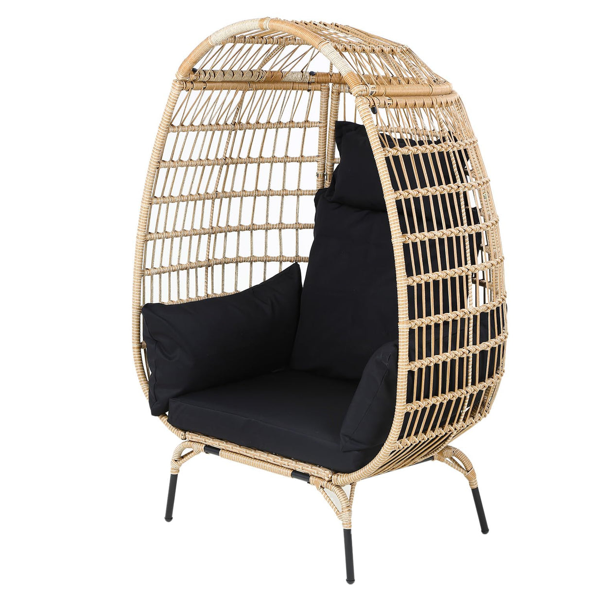Egg Chair Outdoor Rattan Patio Egg Chair Hand-Woven Oversized Wicker Egg Chair Outdoor Indoor Lounge Chair with Padded Cushions Steel Frame for Living Room Backyard Patio Porch, Black FDW