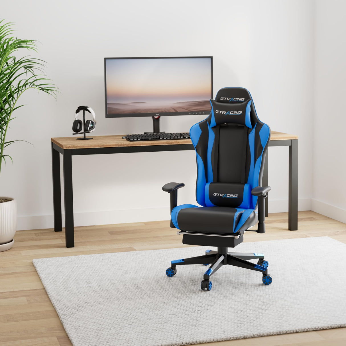 GTRACING Gaming Chair with Footrest, Ergonomic Computer Game Desk Chair, Reclining Gamer Chair Seat Height Adjustment, Swivel Rocker with Headrest and Lumbar (Navy Blue) GTRACING