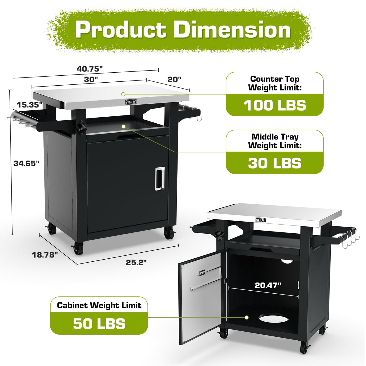 NUUK Grill Carts Outdoor with Enclosed Cabinet and Storage Drawer, Portable Patio Bar Cart with Wheels Stainless Steel Kitchen Storage Island 20" x 30" Rolling Prep Station for BBQ, Deck, Backyard NUUK
