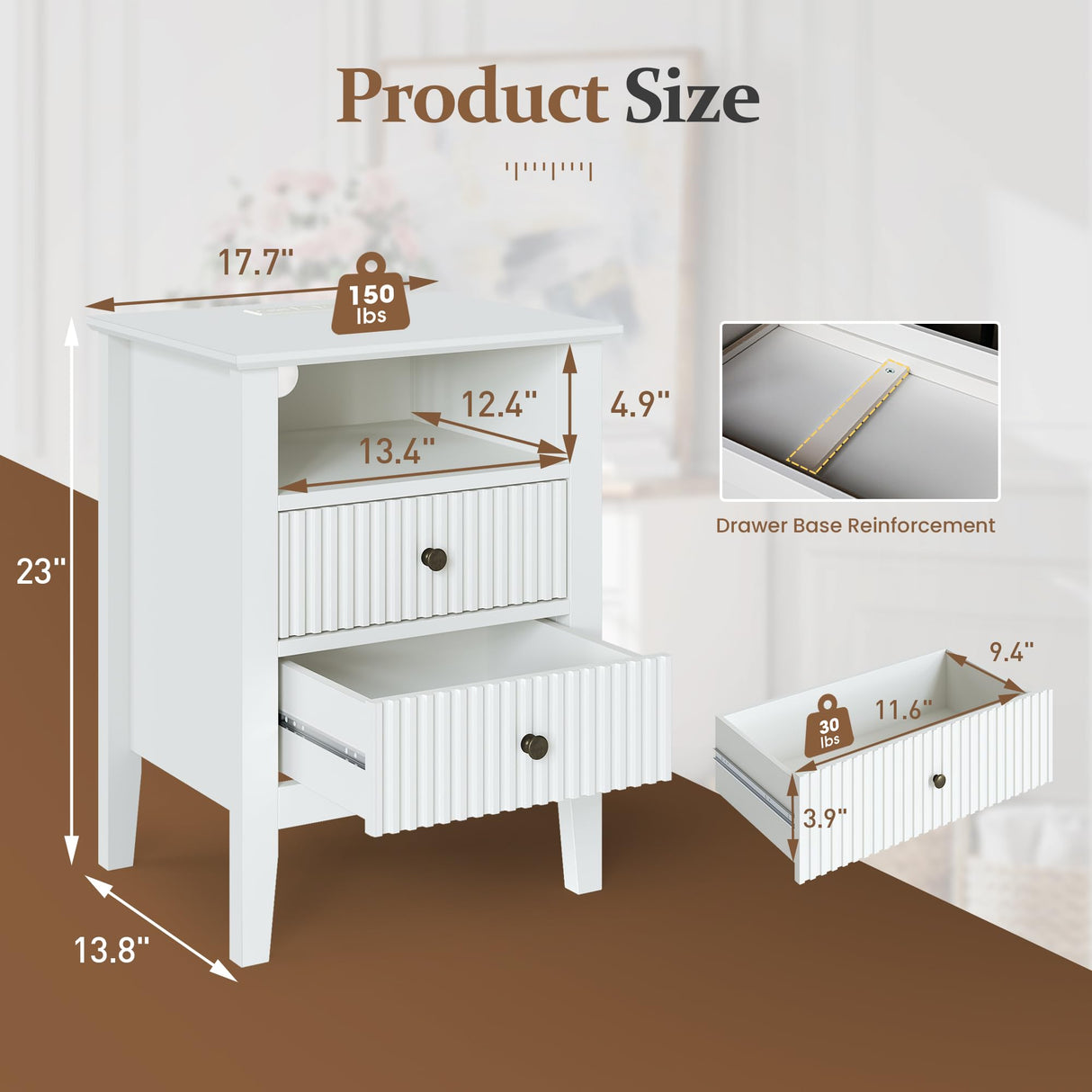 RoyalCraft White Nightstand with Charging Station, White Sofa Table with 2 Storage Drawers Cabinet, Tall End Table with Wooden Fluted-Design for Bedroom,Living Room, White RoyalCraft