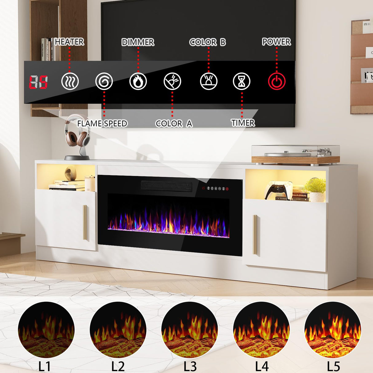 PRETZI Fireplace TV Stand with 36" Fireplace Up to 80" TVs,70" Entertainment Center with LED Lights,Remote Control,TV Media Console with Storage Cabinets for Living Room, White PRETZI