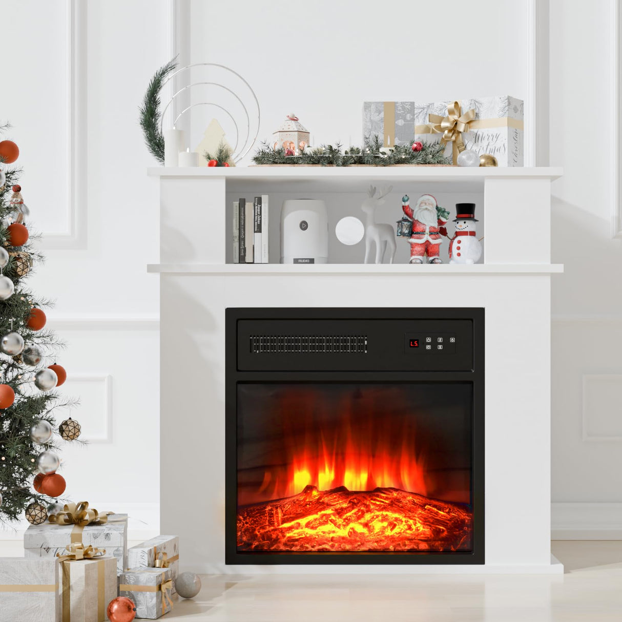 BOSSIN 28" Electric Fireplace with Mantel, 18 inch Electric Fireplace Insert with Remote Control, 5 Adjustable Brightness, Freestanding Mantel Fireplace with Storage Shelf for Living Room,White BOSSIN