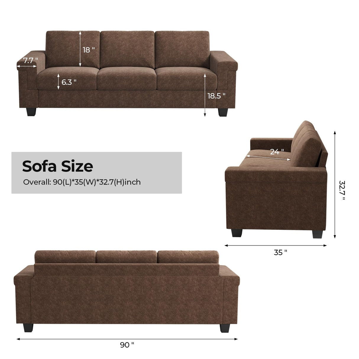 COPIAE 3 Seater Sofa Couch with Deep Seat, 90" Modern Upholstered Sofa with Armrests, Easy Installation, Comfy Couches for Living Room, Apartment,Dark Brown COPIAE
