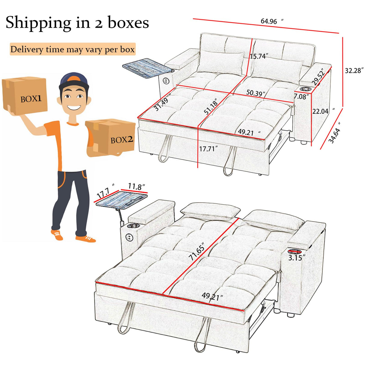 hansones 65'' 3-in-1 Convertible Sleeper Queen Sofa Modern Chenille Fabric Sofa Pullout Sofa 360 Degree Swivel Side Table, Easy to Assemble, for Living Room (White) hansones