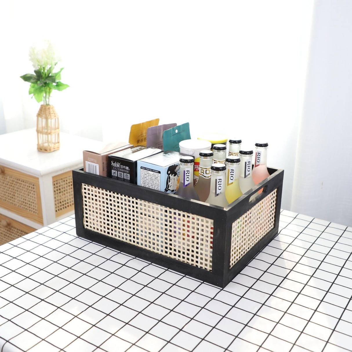 SHCMSADO Wooden Frame Storage Basket, Decorative Organizer Crates Box with Built-in Handle,Natural Wire Wood Nesting Drawer Storage for Kitchen, Bathroom and Office Desktop-(15" Lx11 Wx6.3 H-Black) SHCMSADO