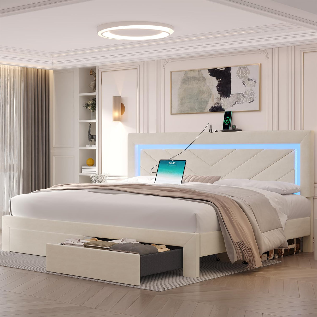 Fastroby King Size Bed Frame with Adjustable Headboard and 2 Storage Drawers, Upholstered Bed Frame King with RGB LED Light and Charging Station, Easy Assembly, No Box Spring Needed, Off White Fastroby