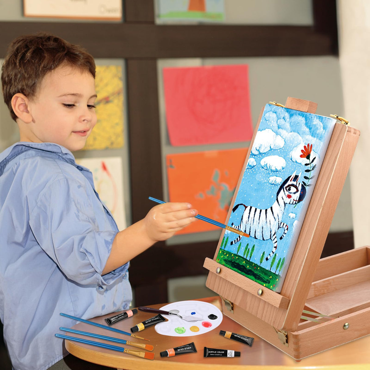 Tabletop Easel Acrylic Paint Set, 40 Pack Painting Kits for Adults, Painting Supplies with 24 Acrylic Paints, 10 Brushes, Art Easel, Paint Palette, Canvas, Paint Set Gifts for Students Artist Beginner Goldge