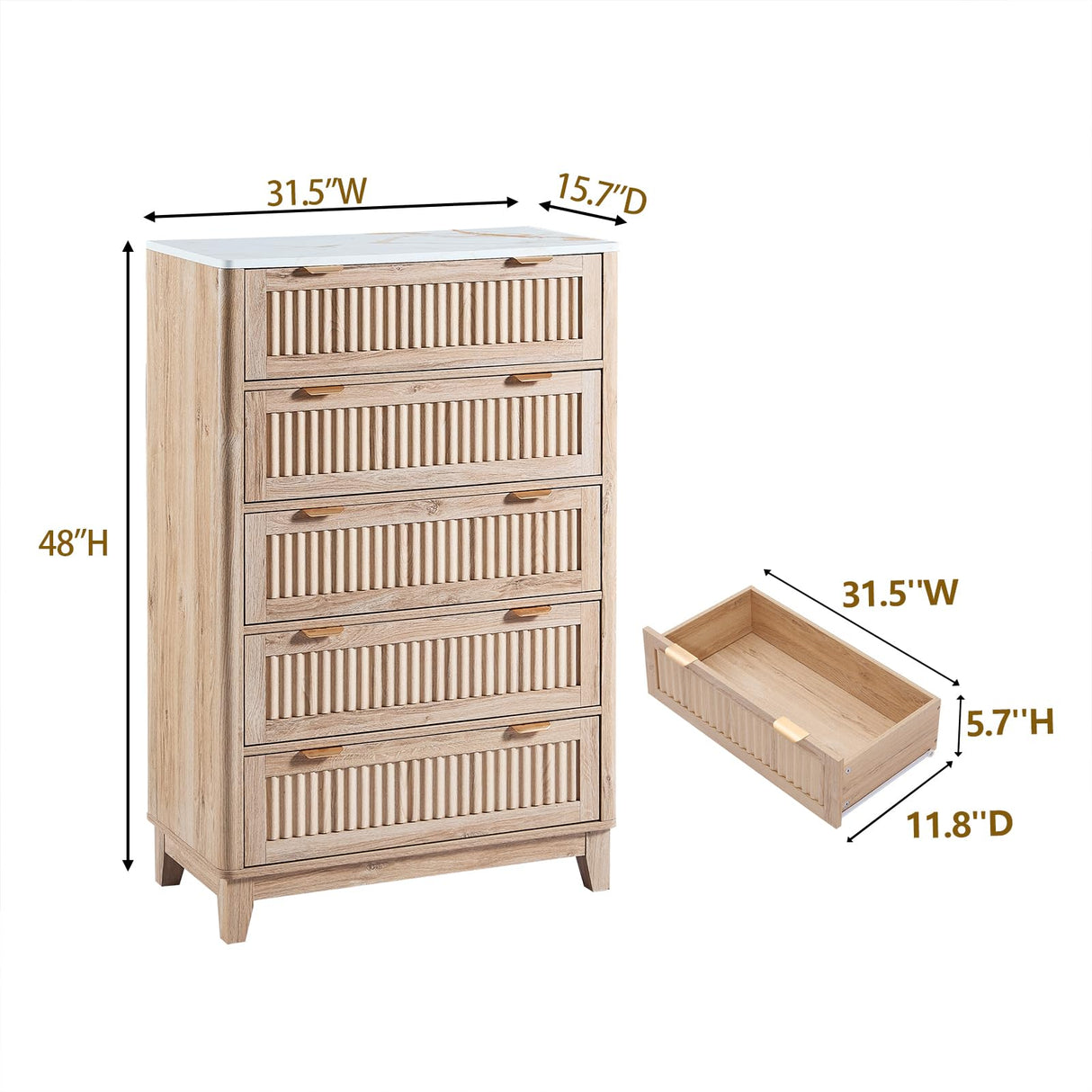 GIAJORYA Fluted Tall Dresser for Bedroom, 5 Drawer Dressers with Faux Marble Top, Wooden Chest of Drawers, Modern Storage Cabinet Organizer, Natural Oak GIAJORYA
