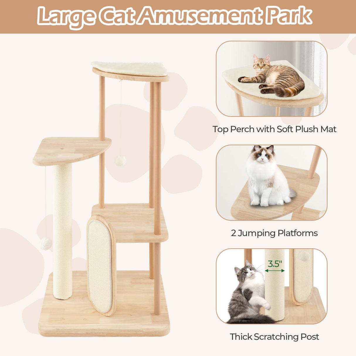 PETSITE 44 Inches Cat Tree, Multi-Level Modern Cat Tower with Sisal Scratching Post and Board, Padded Top Perch, and Hanging Balls, Minimal Wooden Cat Tree Tower for Indoor Cats Large Adult PETSITE