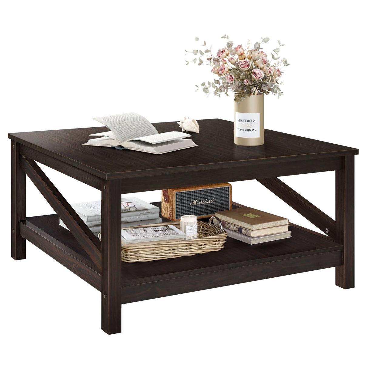 DWVO Coffee Tables with Storage, Farmhouse Coffee Table for Living Room, Square Coffee Table 2-Tier Center Table with Open Storage Shelf, Wood Small Cocktail Table, Espresso DWVO