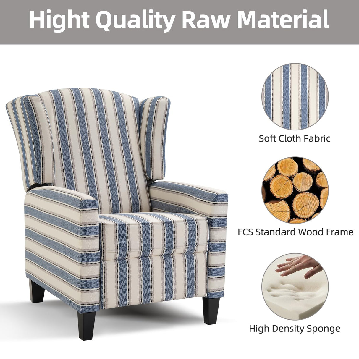 INZOY Wingback Pushback Recliner Chair, Fabric Push Back Recliners with Padded Seat, Mid Century Modern Reclining Chair for Living Room Bedroom, Blue Stripe INZOY