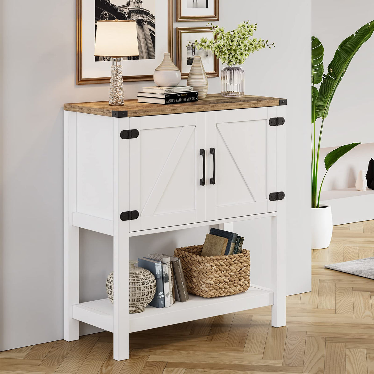 Mufico Farmhouse Console Table with Storage Cabinets – Versatile Entryway and Coffee Bar Table in White Mufico