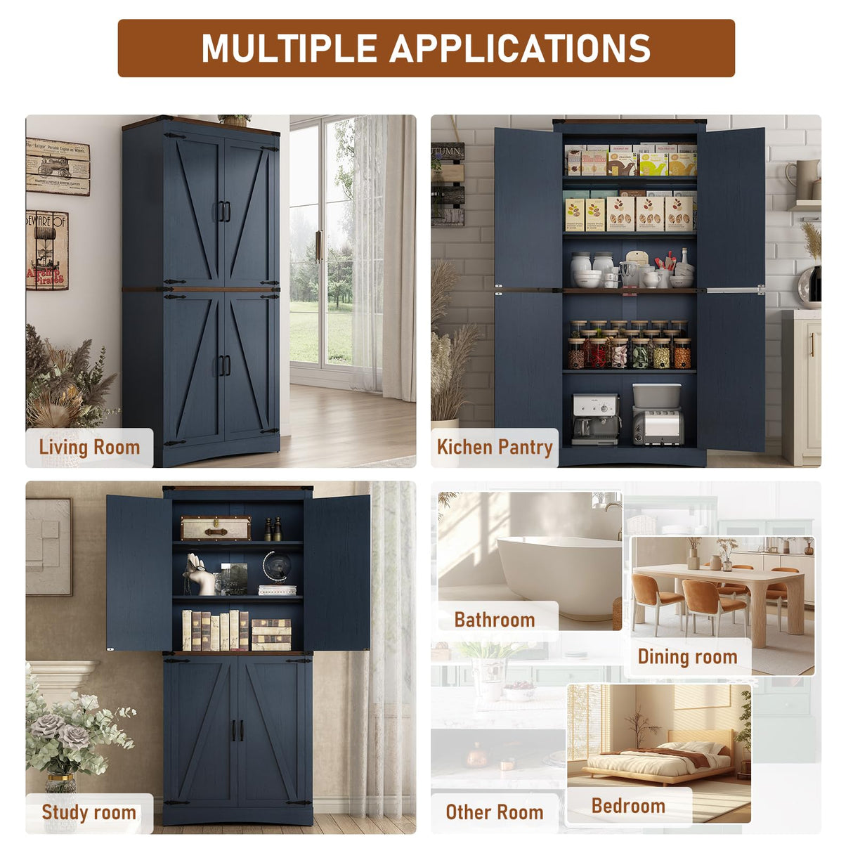 Hlivelood 71" Tall Kitchen Pantry,Farmhouse Storage Cabinet with Adjustable Shelves,Load-Bearing Steel Pipe,Farmhouse Pantry Cabinet with 4 Barn Doors,for Kitchen,Dining Room,Living Room(Blue) Hlivelood