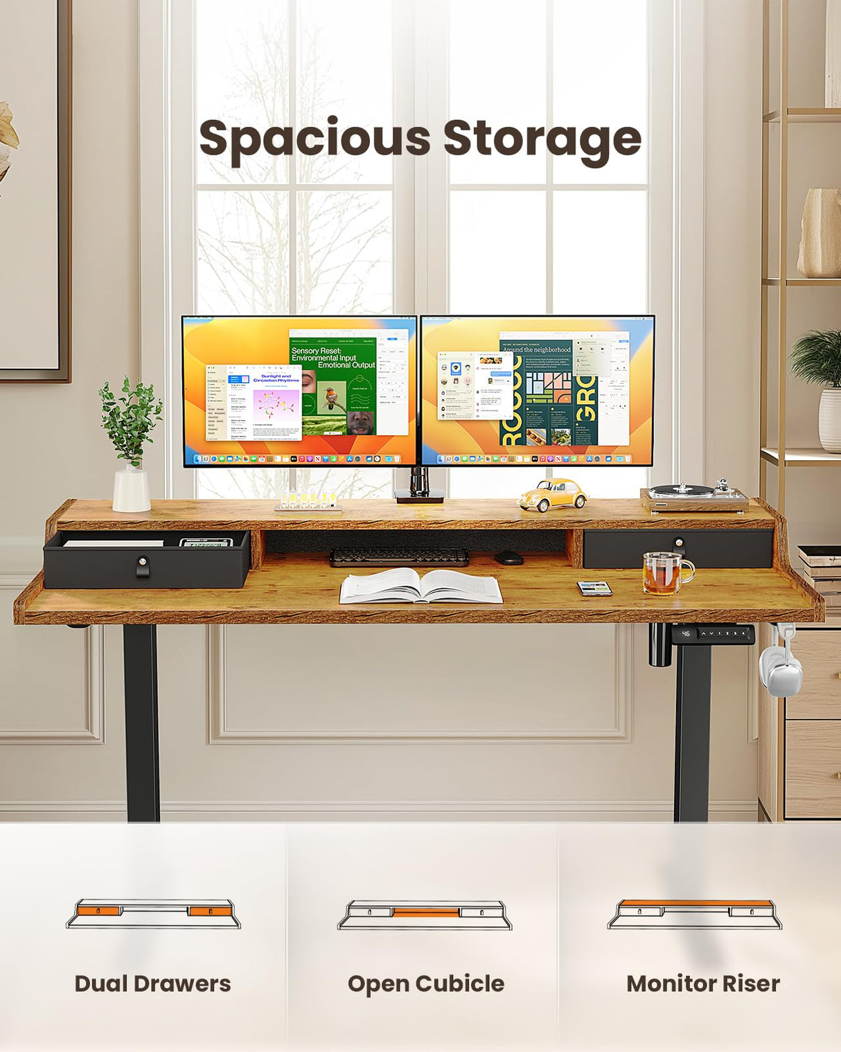 ErGear Electric Standing Desk with Drawers, 55″ x 28″ Gaming Desk with Monitor Stand, C-Clamp Mount Compatible, Home Office Height-Adjustable Desk with Storage Shelf, 4 Preset Heights, Vintage Brown ErGear