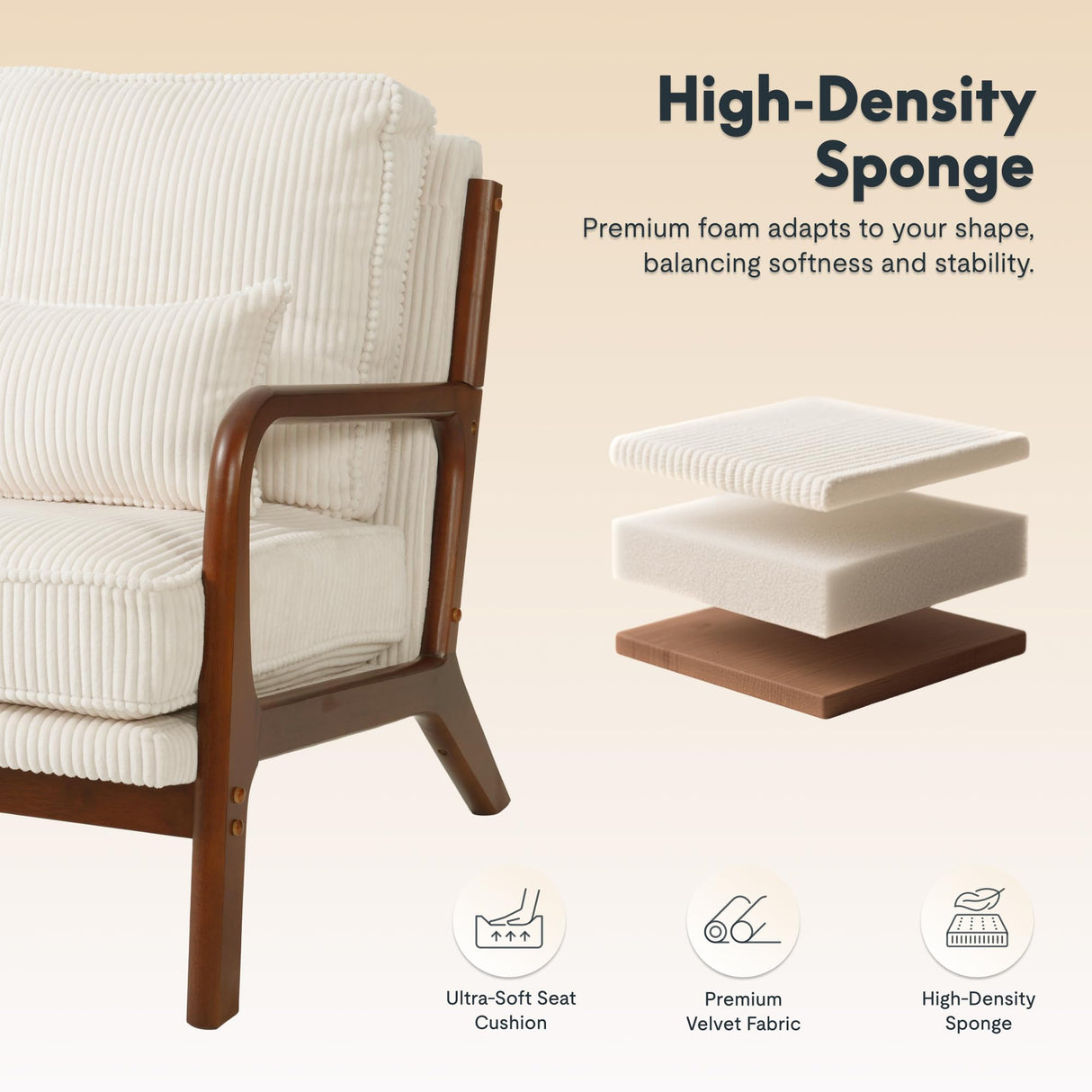 FLEXISPOT AC1 Accent Chairs Set of 2, Upholstered Mid Century Modern Corduroy Armchairs with Solid Wood Frame, Comfy Lounge Reading Chairs Farmhouse Armchairs for Living Room, Bedroom, Balcony (White) FLEXISPOT