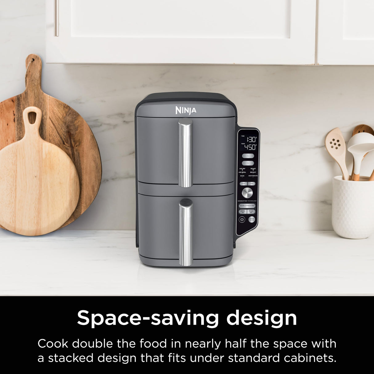 Ninja SL401 DoubleStack XL 2-Basket Air Fryer, DoubleStack Technology Cooks 4 Foods at Once, Compact Design, 10 QT, 6-in-1, Smart Finish & Match Cook, Air Fry, Broil, Bake, Easy Meals, Easy Clean,Grey Ninja