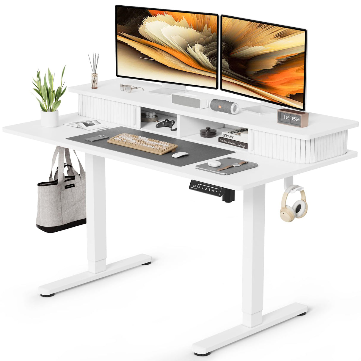 JOY worker Height Adjustable Electric Standing Desk with Storage Shelves, 48 Inch Table with Built-in Monitor Stand, Sit Stand Desk with 2 Hooks for Home Office, White JOY worker