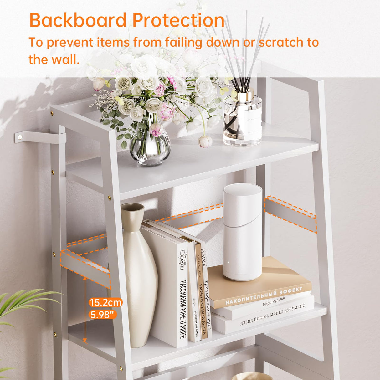 HITNET Ladder Shelf, 4 Tier Bookshelf, Floor Standing Bathroom Storage Rack with Bamboo Frame, Home Office Open Display Bookcase, White HITNET