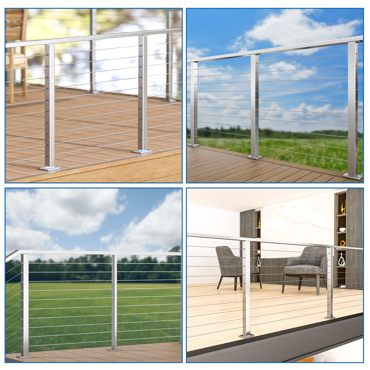 Muzata Cable Railing Post 36 Inch 36"x2"x2" Level Drilled Surface Mount Brushed T304 Stainless Steel Cable Railing System Kit Indoor Outdoor with Paper User Guide PS02 LH4S Muzata