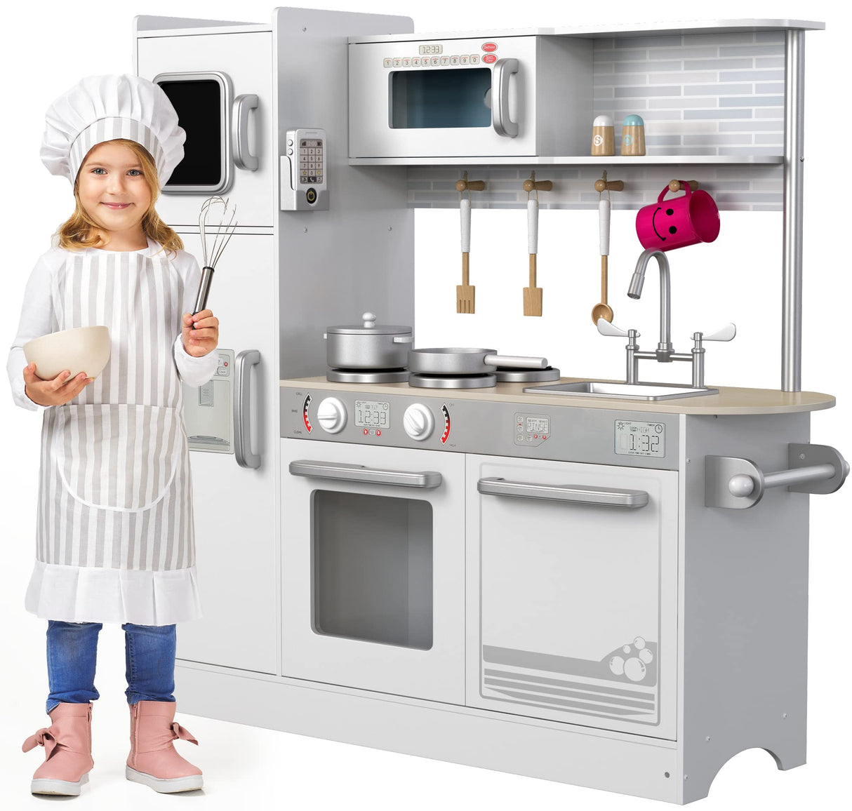 Play Kitchen - Wooden Kitchen Playset for Toddlers and Big Kids - Mini Pretend Toy for Boys and Girls with Cooking Stove, Oven, Pots, Pans, Phone, Microwave, Fridge, Sink, Utensils - Ages 3-8 KIDDERY TOYS