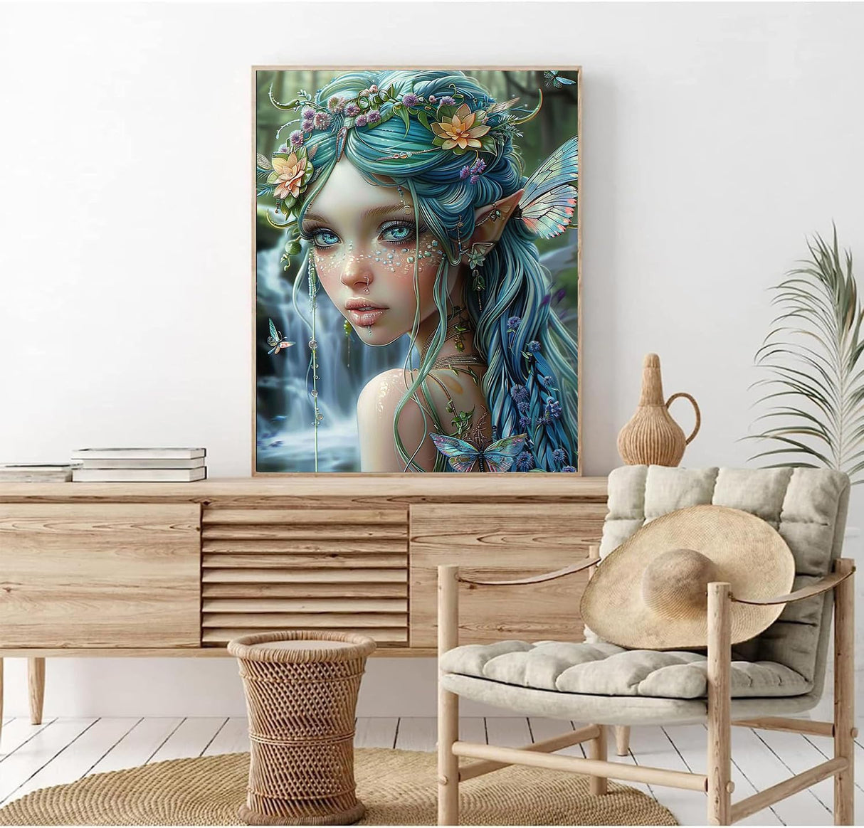 Flower Fairy Paint by Numbers Bule Hair Girl with Folwer Butterfly Pictures Painting by Number for Adults Beginners Fashion Style Flower Girl DIY Acrylic Oil Paint on Canvas 16x20 Inch(Without Frame) Generic