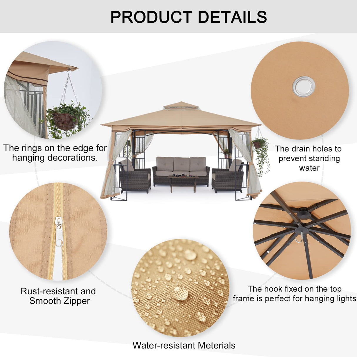 MASTERCANOPY Patio Outdoor Gazebo with Netting Screen Walls and Corner Shelf Design (11x11,Beige) MASTERCANOPY