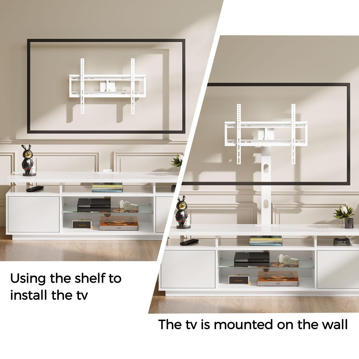 Rolanstar TV Stand with Mount and Power Outlet 59.1", Swivel TV Stand Mount for 32/45/55/60/65/70 inch TVs, Height Adjustable Modern Entertainment Center with Storage & LED Lights, TV Table White Rolanstar